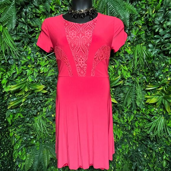 NINA PIU Dress Women Large Coral Pink Lace Fit Flare Skater Stretch 1297 - Picture 6 of 8